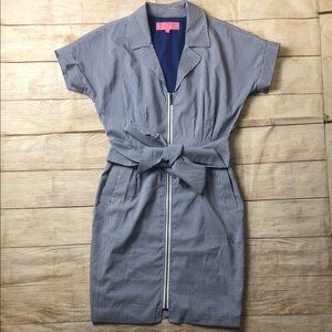 LDT Courtney Zip Front Gingham Check Shirt Dress Navy White Tie